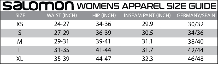 Salomon Womens Apparel Size Guide